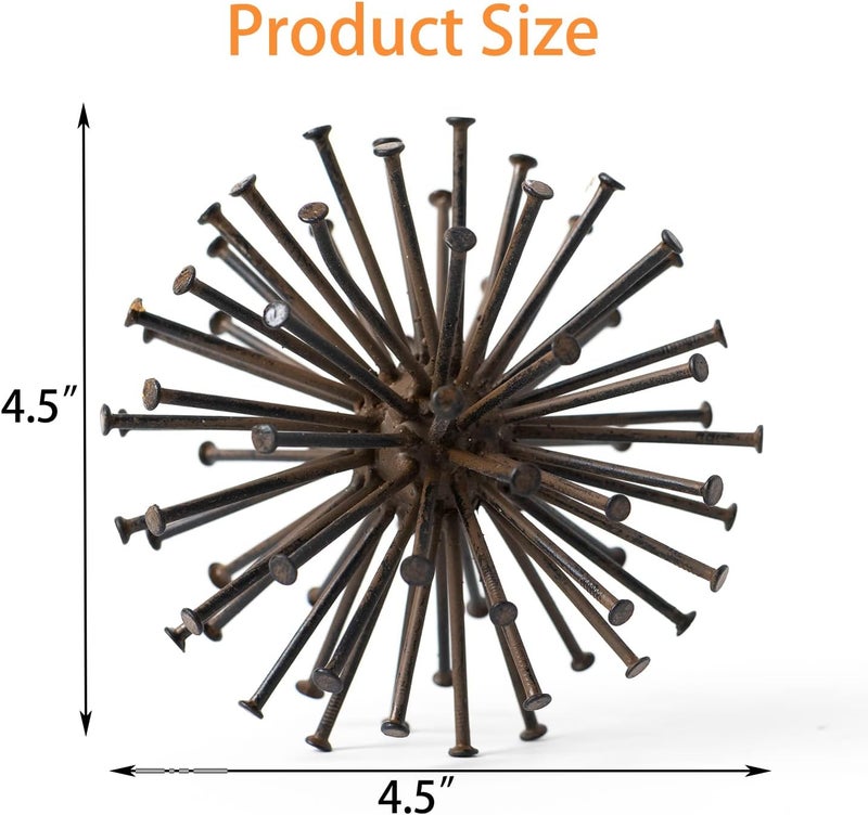 TICKCACY Metal Starburst Sculpture, Spike Tabletop Decorative Sphere, Small Abstract Geometric Urchin Decor Ball, Rusty Iron Table Top Decoration Orb for Home Living Room Bedroom Office Shelf - Image 3